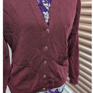 VINTAGE St Michael Size 14* Burgundy 100% Lambs Wool Button Up Cardigan Sweater